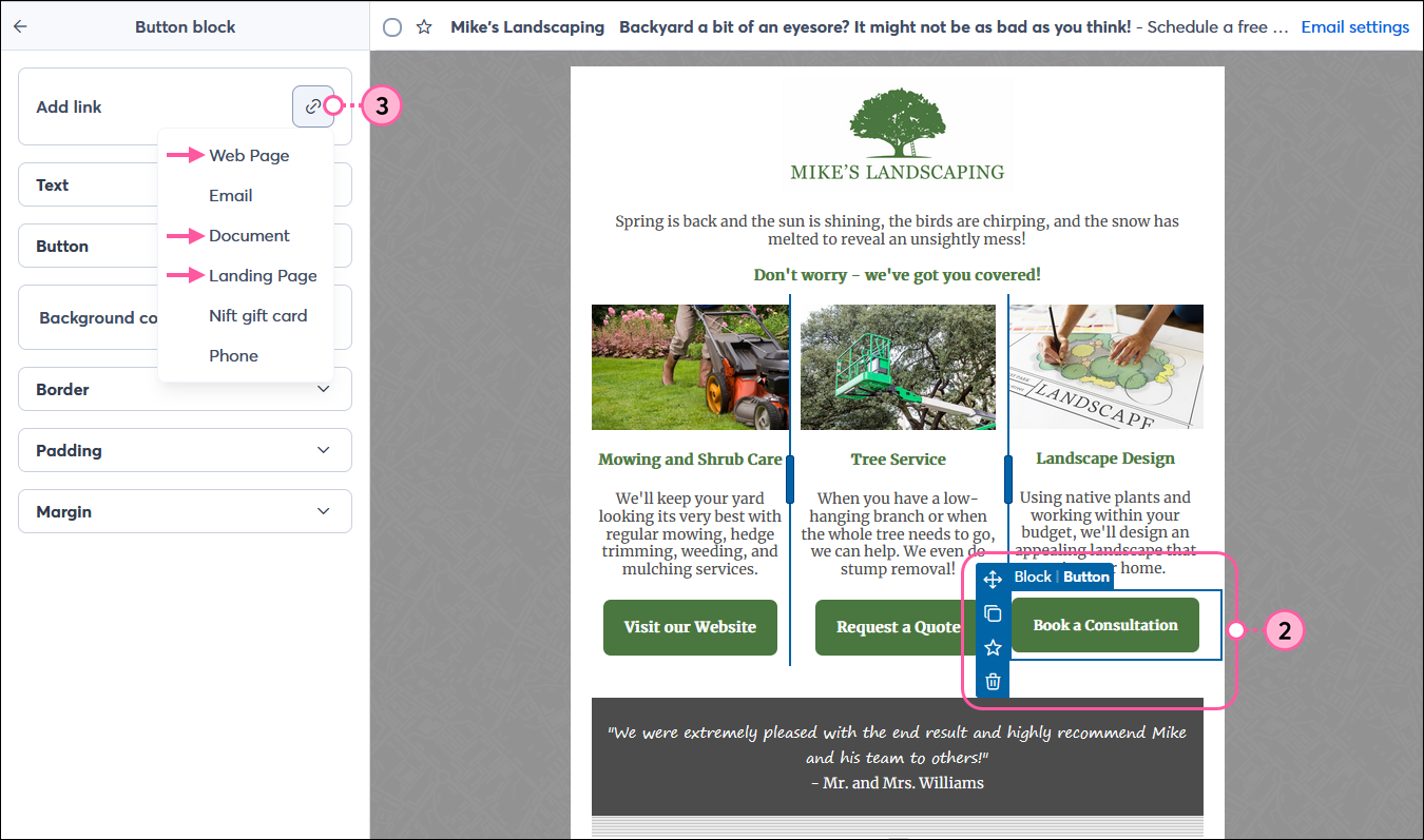 Email editor with Button block panel expanded, Add link section and Link button with drop-down menu expanded