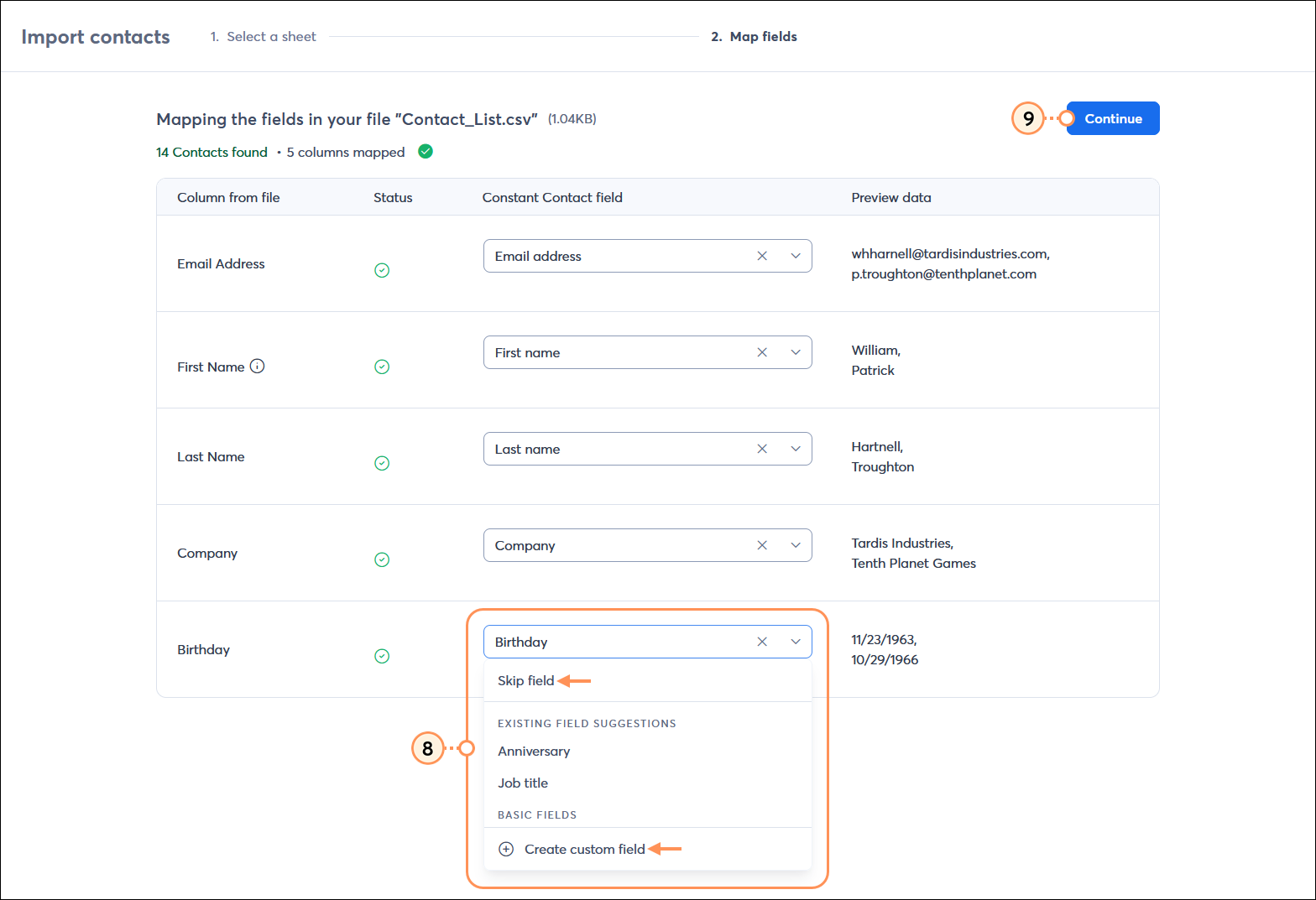 Import contacts page with contact field options and contact field menu expanded with Skip field and Create custom field options, and Continue button