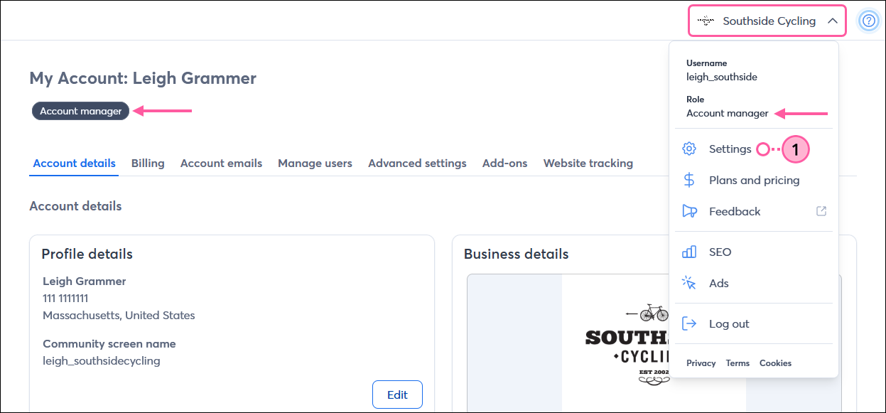 Profile drop-down, Settings option, and Account Manager user role
