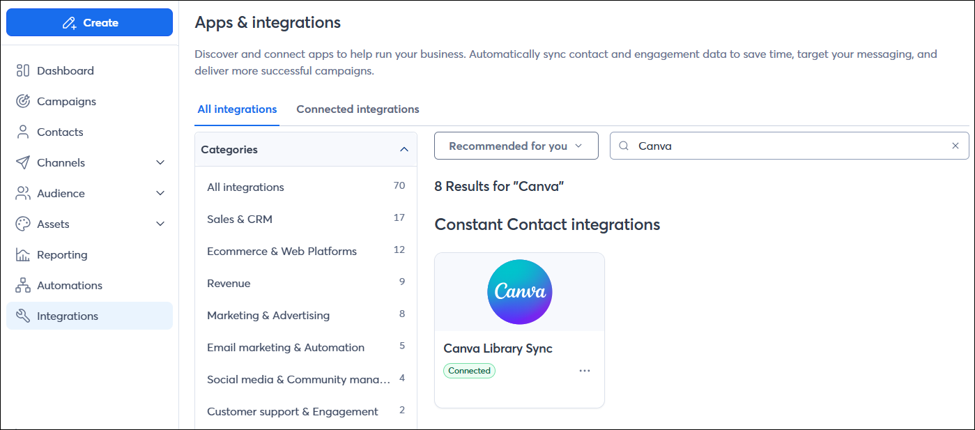 Integrations page with Canva Library Sync card connected