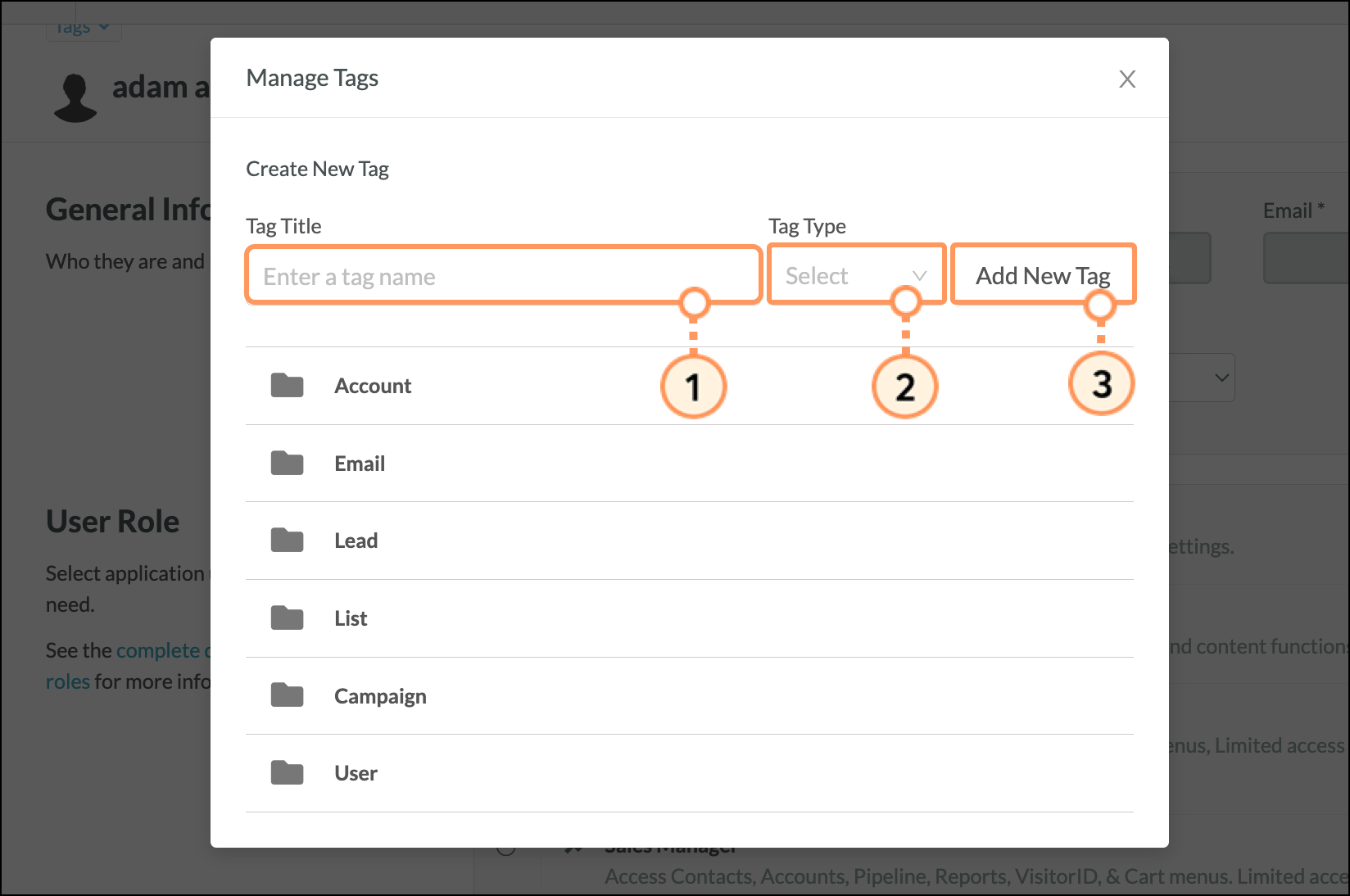 Manage Tags popup with Name field, Type dropdown, and Add New Tag button