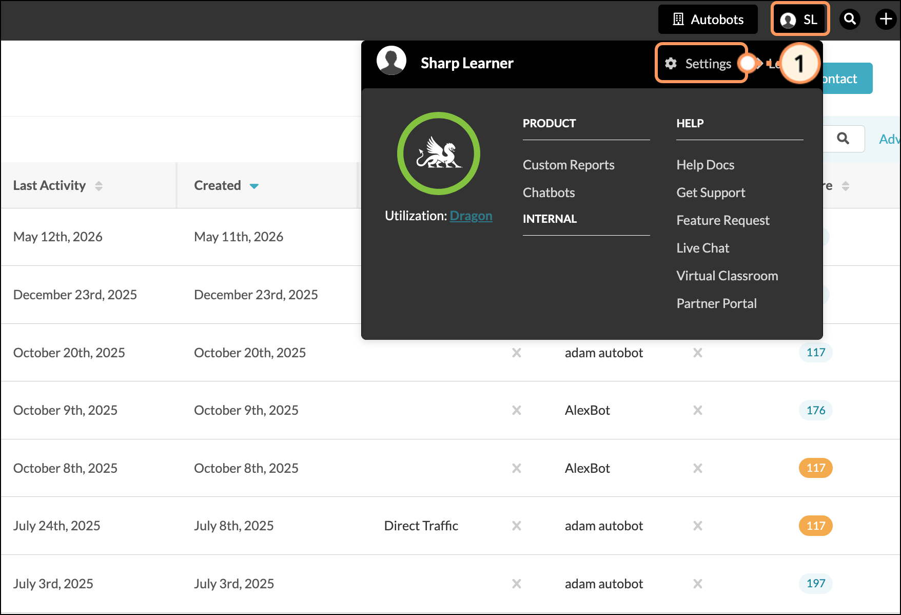 Settings option in expanded Profile menu
