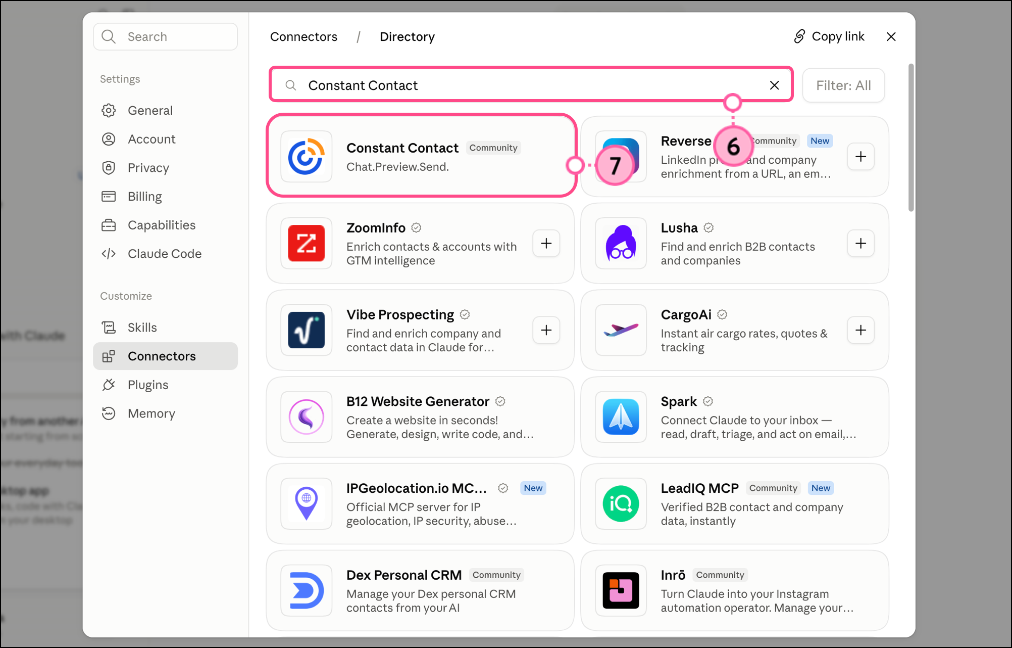 Constant Contact in the search bar and the Constant Contact connector card in the search results list