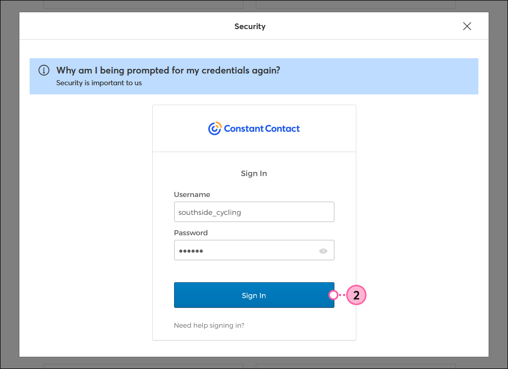 Constant Contact login username and password, and Sign In button