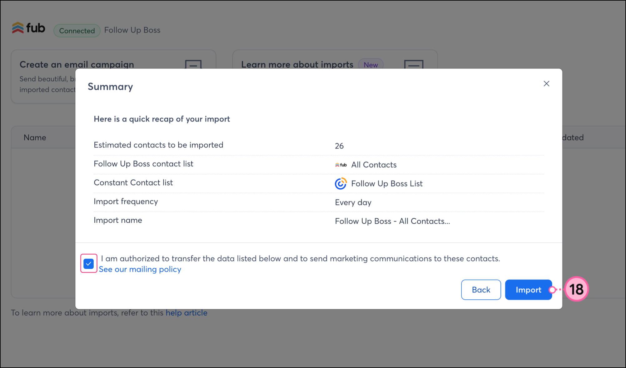 Import overview, checkbox to confirm authorization, and a blue Import button