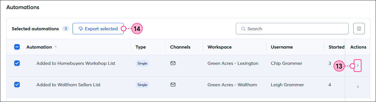 See Details arrow and Export selected button