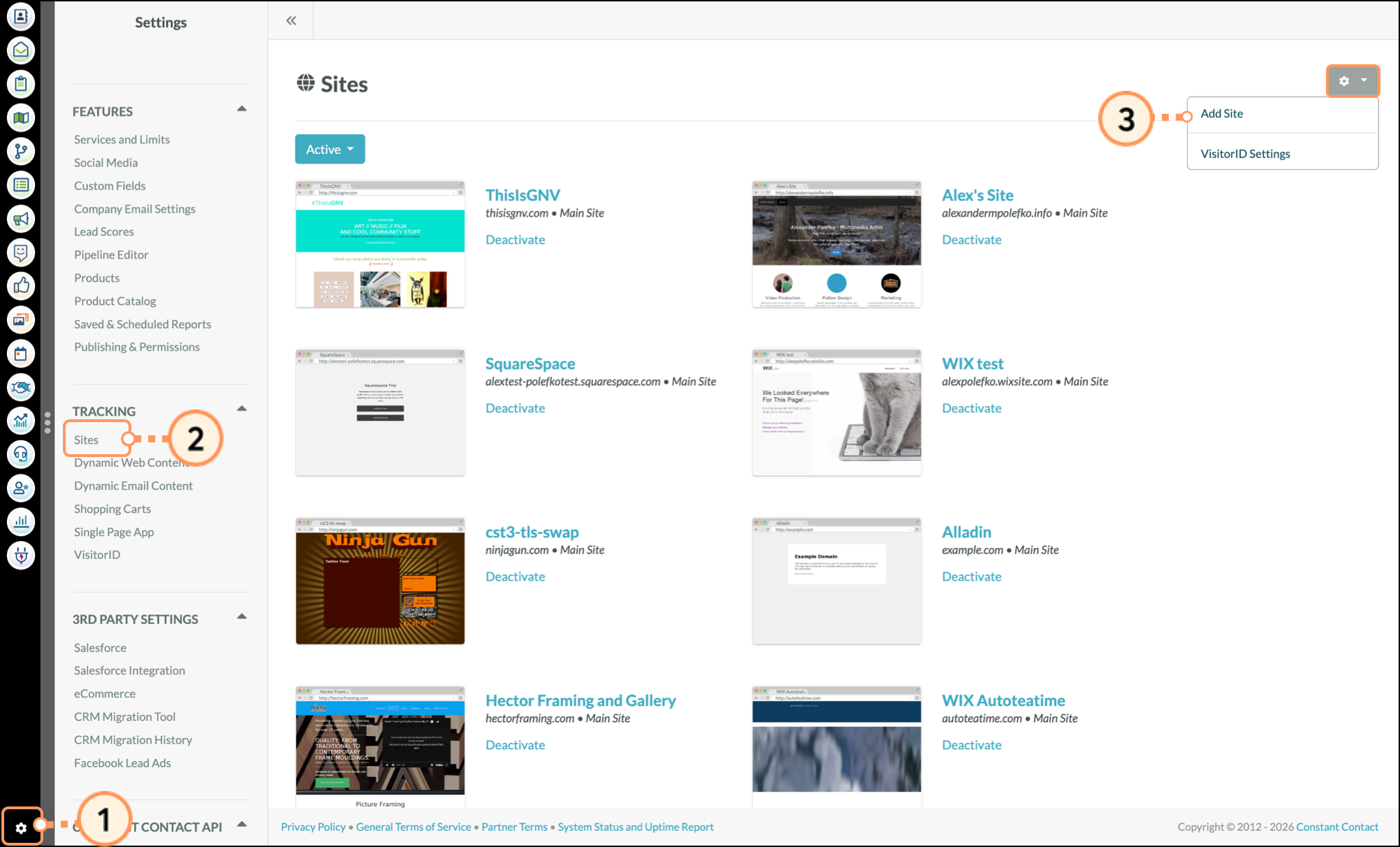Add Site option in the Sites page dropdown menu in Settings