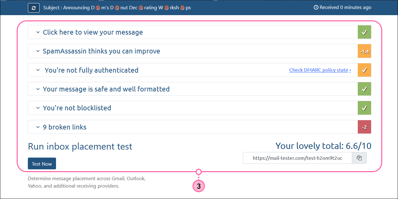Mail-tester results page with score