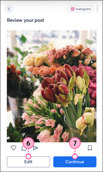 Review your post page with image content displayed and Edit button and Continue button