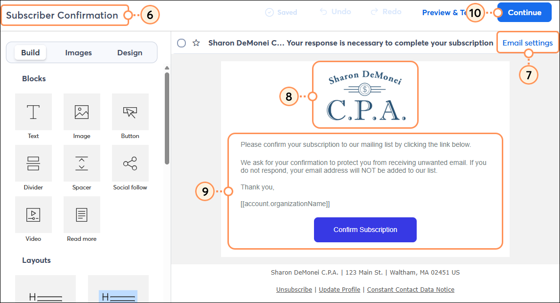 Campaign Name, Email Settings, Logo, Content, and Continue Button