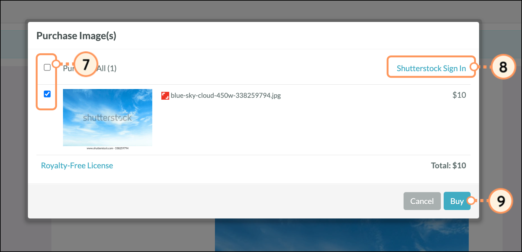 Purchase Image(s) pop-up with checkboxes on the left, Shutterstock sign in on the top right and Buy button in the bottom right corner