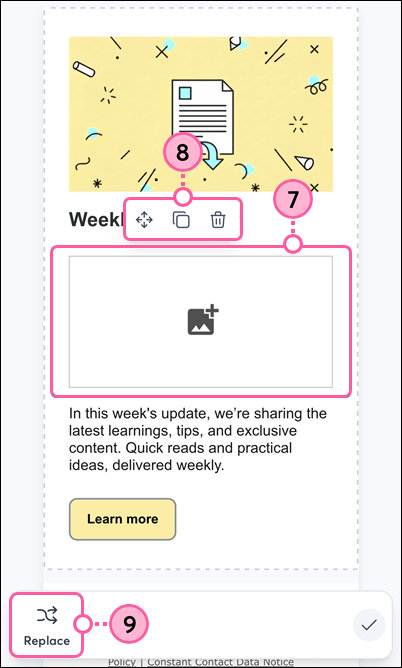 Mobile web email editor, Image block selected, Move, Copy, and Delete icons, and Replace option