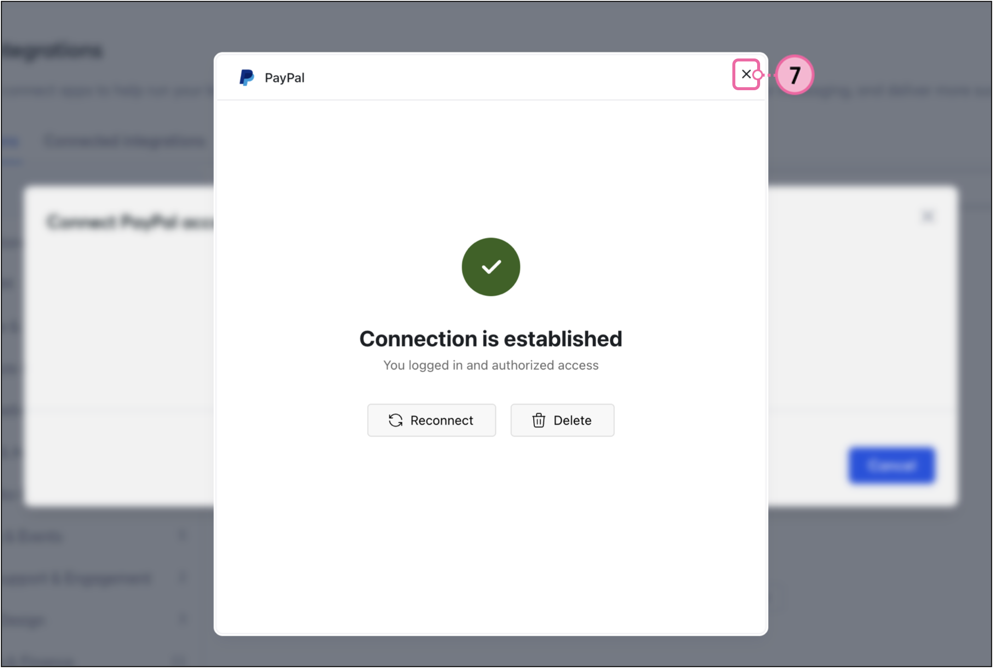 Connection is established pop-up with Reconnect and Delete button options