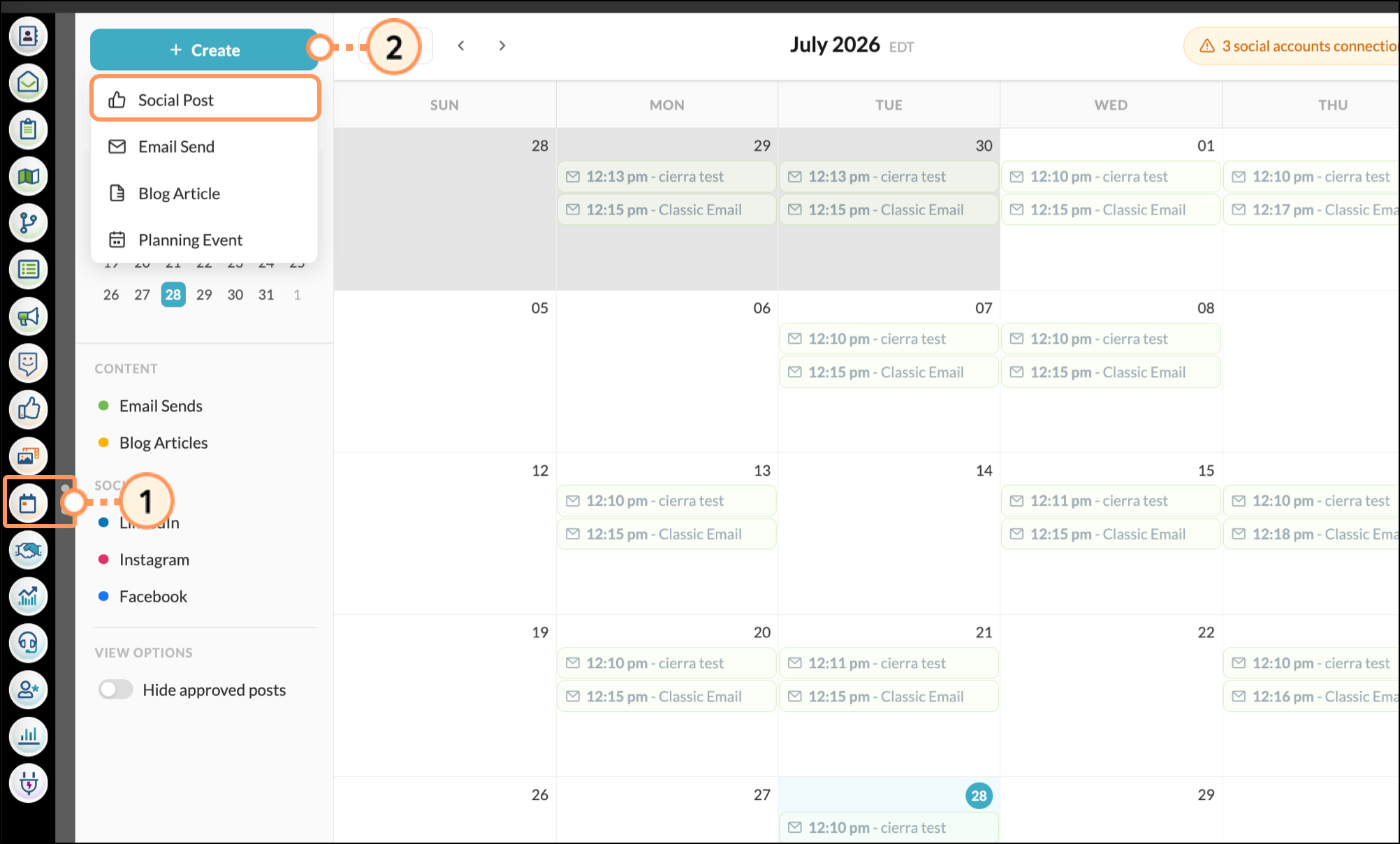 Expanded create menu in the Content Calendar section Expanded create menu in the Content Calendar section