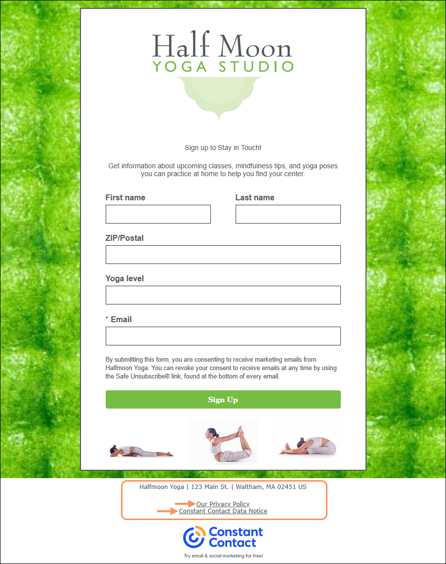 Example Sign-up Landing Page with footer