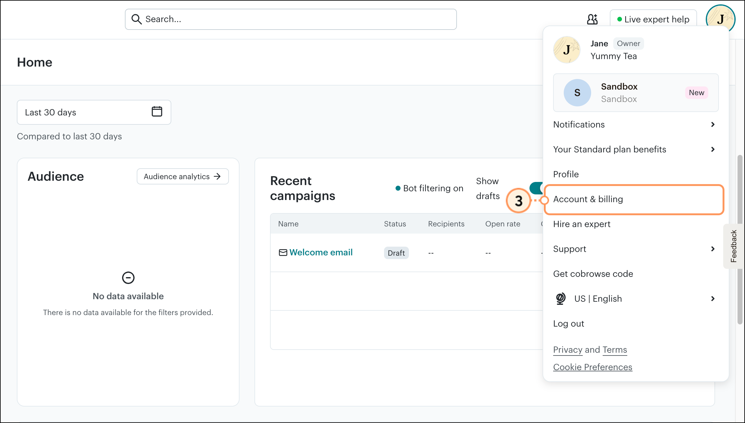 Expanded profile menu with list of menu options