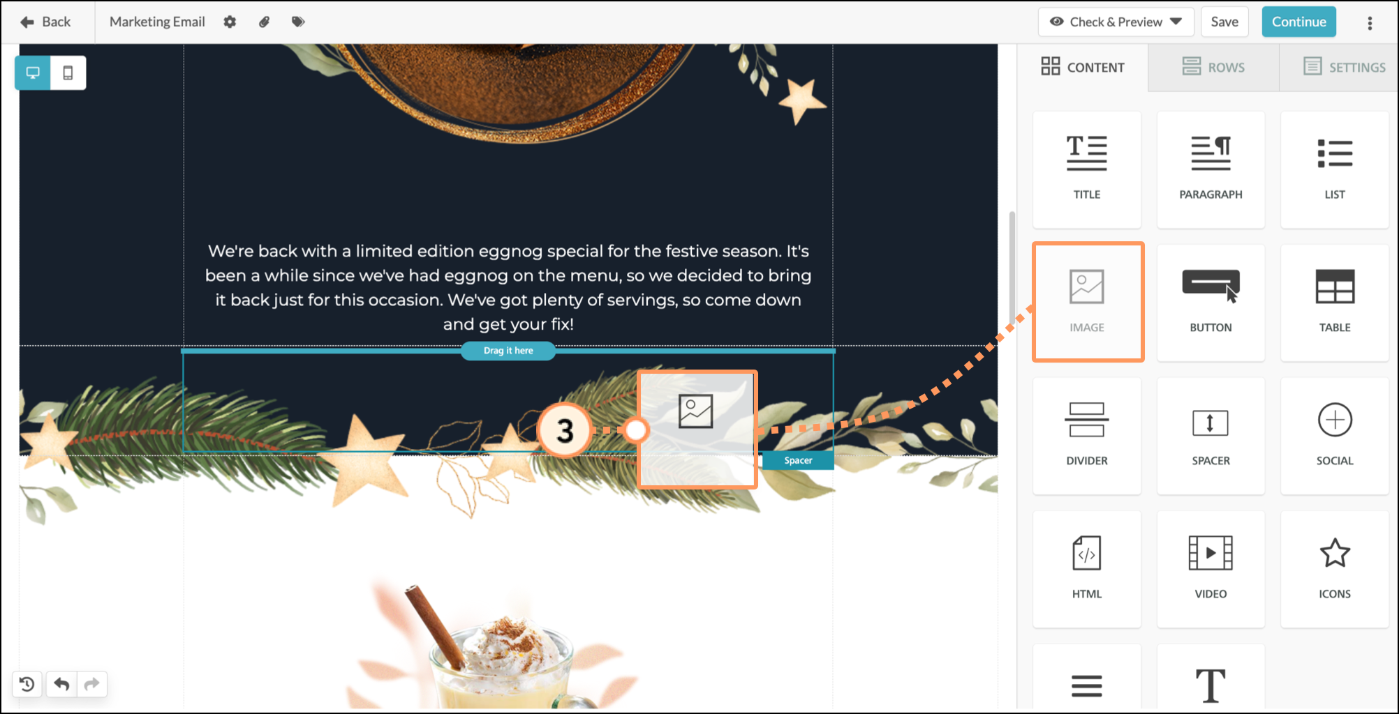 Image block dragged from the Content tab of the editor into the template Image block dragged from the Content tab of the editor into the template