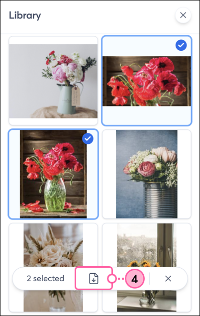Constant Contact Library on mobile web browser with images selected and Download icon