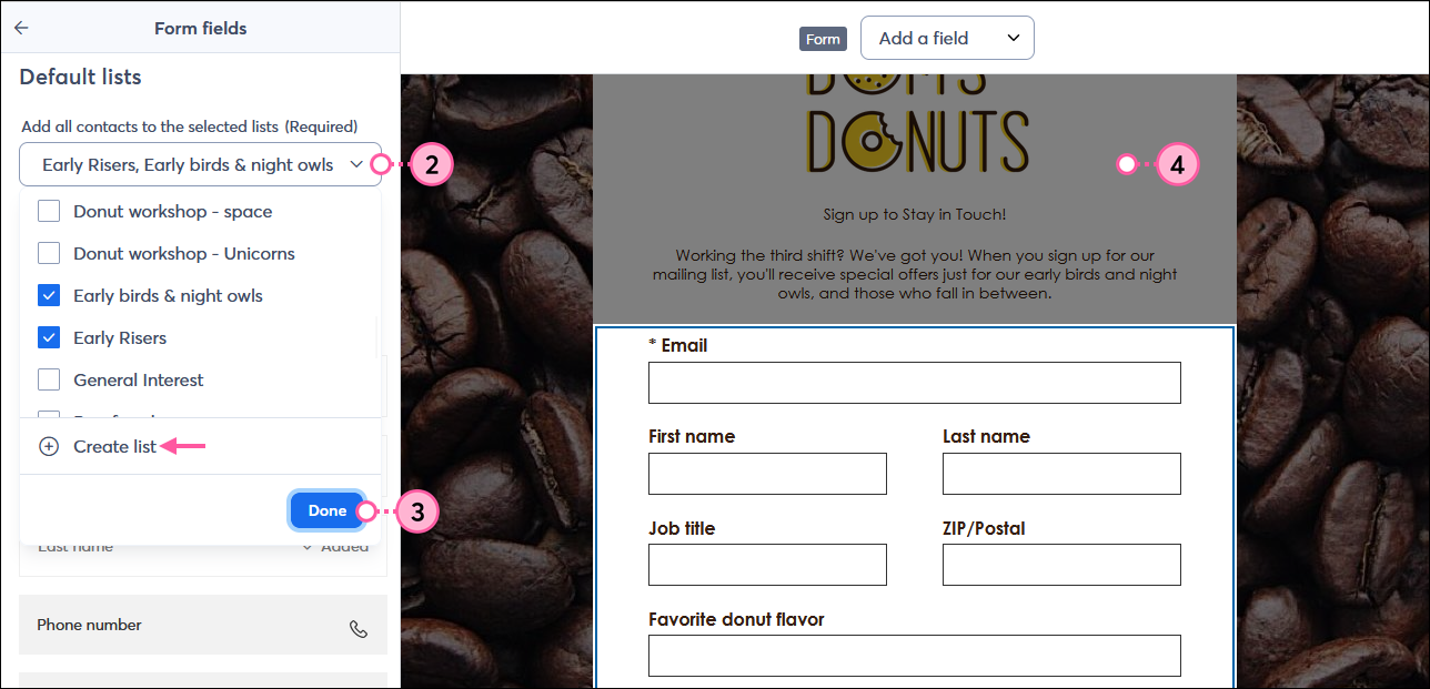 Landing page editor with Form fields menu displayed, Default lists section with drop-down menu expanded, list options with multiple lists selected, Create list option, and Done button, and Form fields block highlighted with background greyed-out