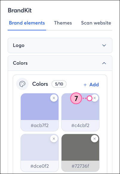Brandkit with Colors added and X to remove a color