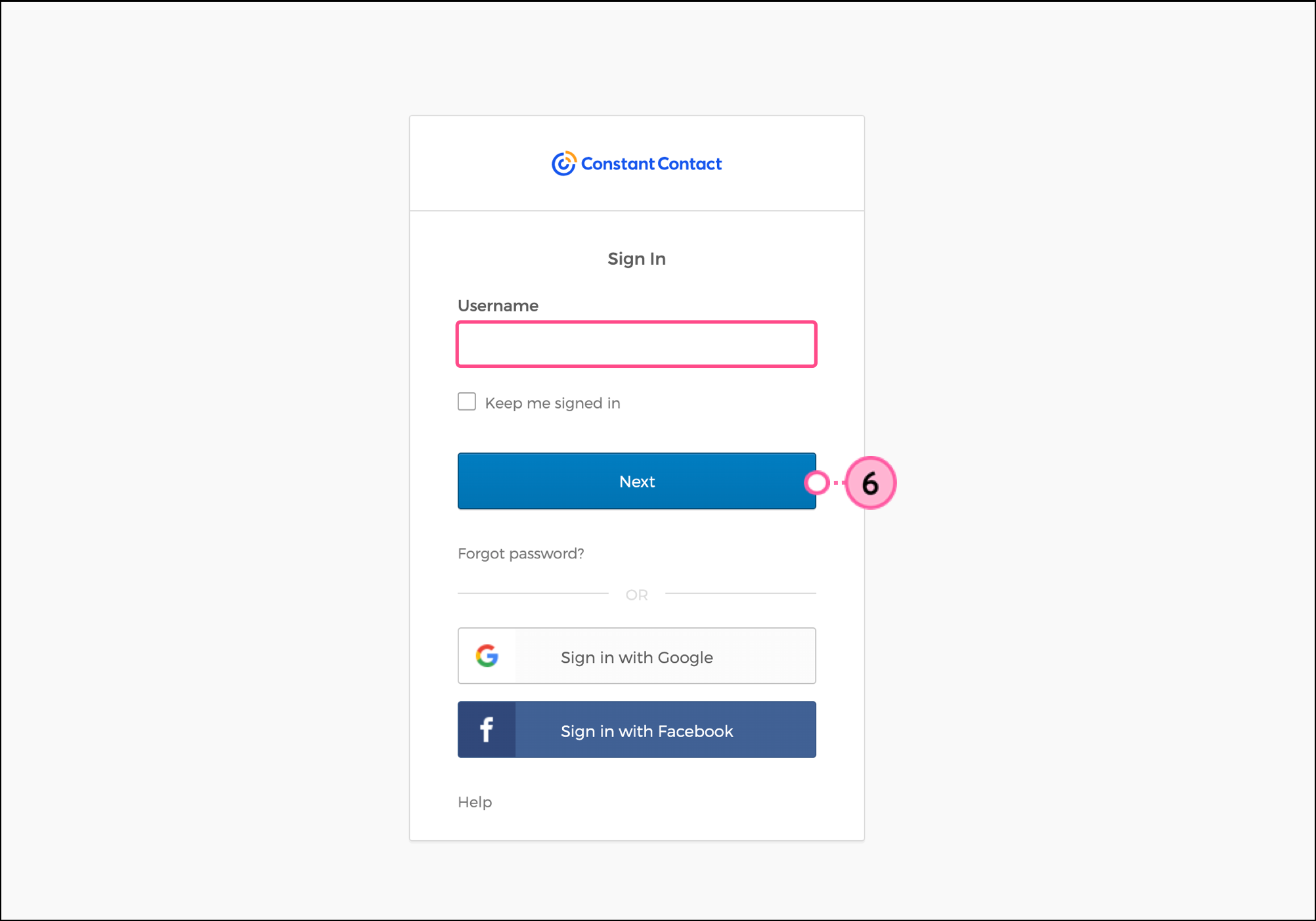 Constant Contact login form and Next button
