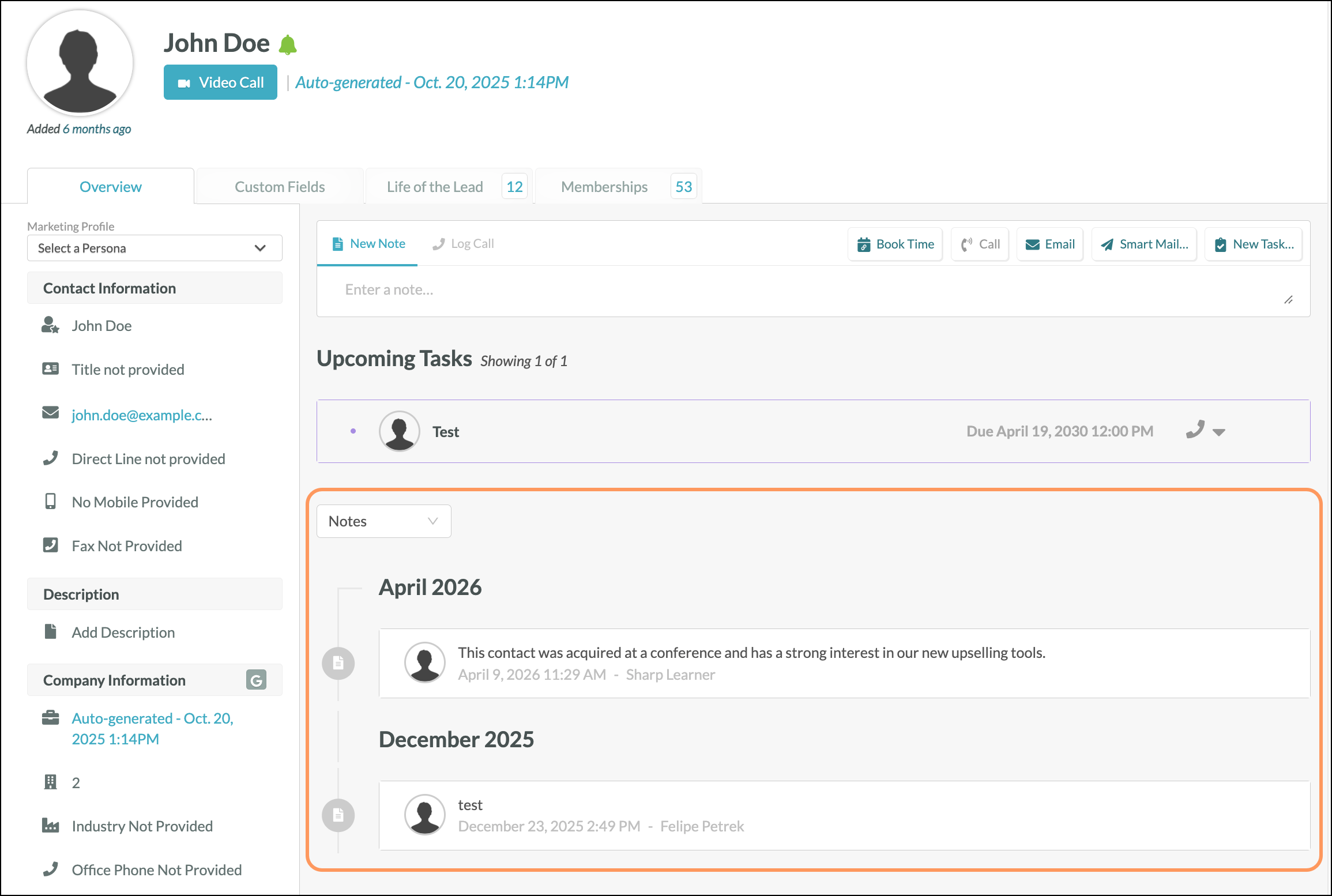 Contacts page under Upcoming Tasks
