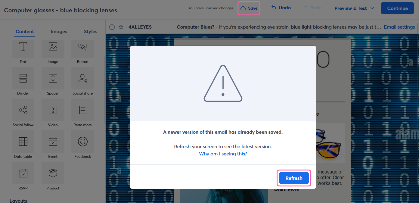 Email editor with A newer version of this email has already been saved error message overlay, and Refresh button