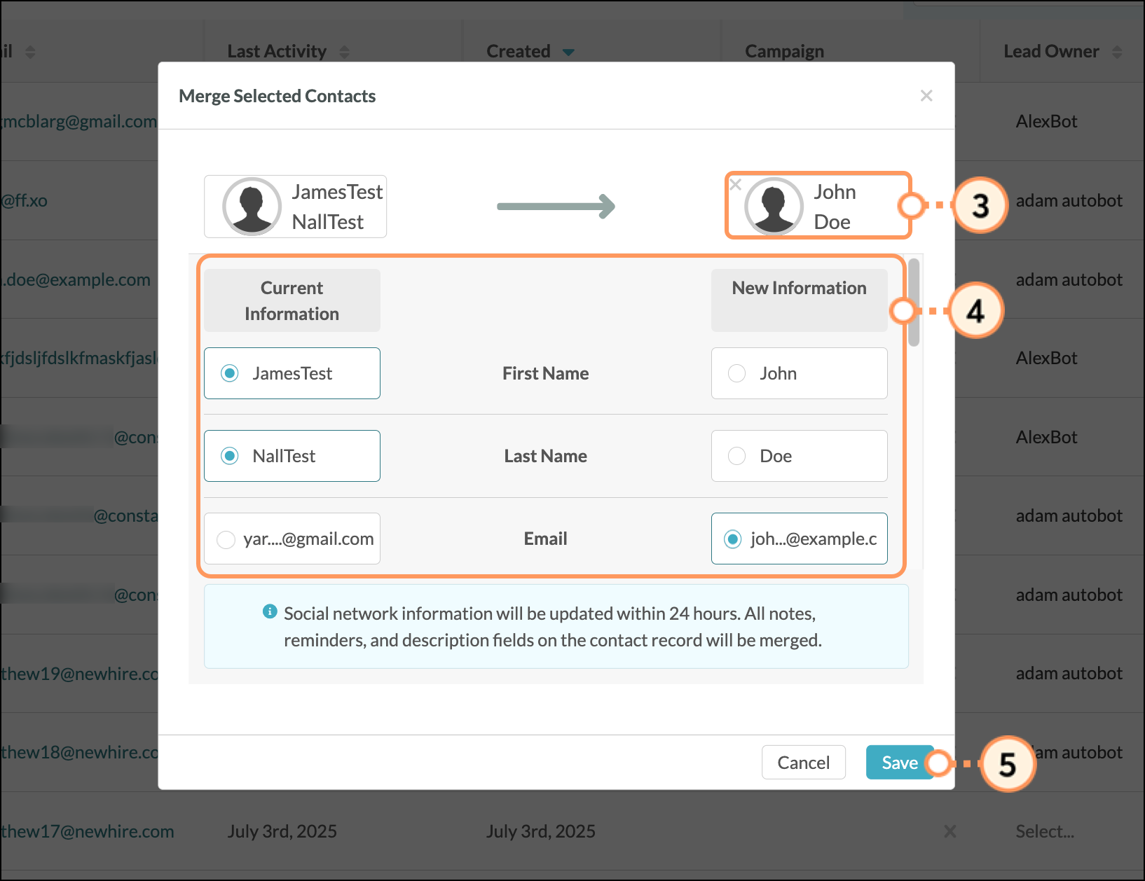 Merge Selected Contacts pop-up with contact name dropdown menu and rows of contact fields to select