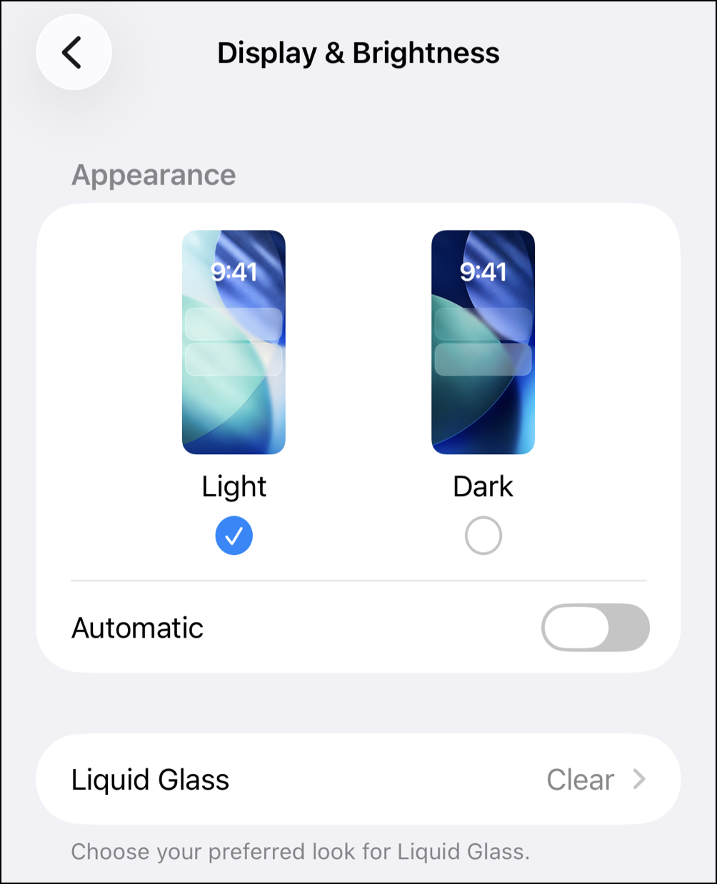 Display and Brightness Settings section with Light Mode enabled on iOS device