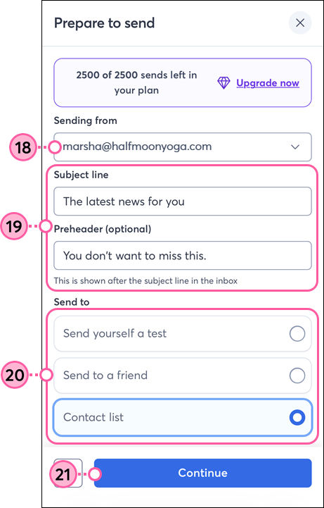 Constant Contact on mobile web browser, Sending From email address drop-down, Subject line and Preheader fields, Send To options, and Continue button