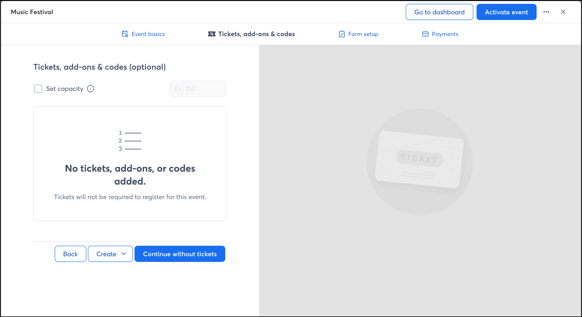 Continue without tickets button