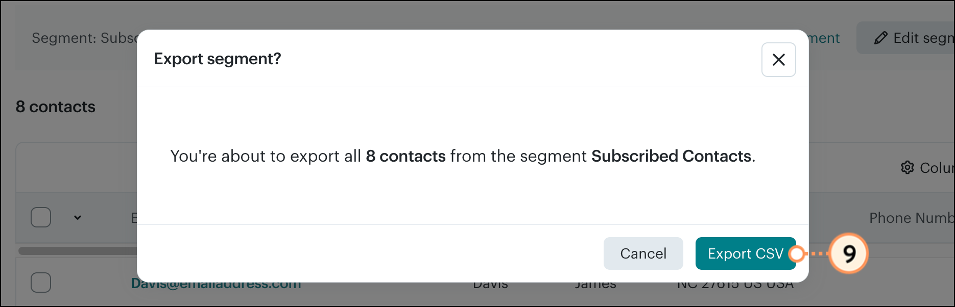 Popup with green Export CSV button