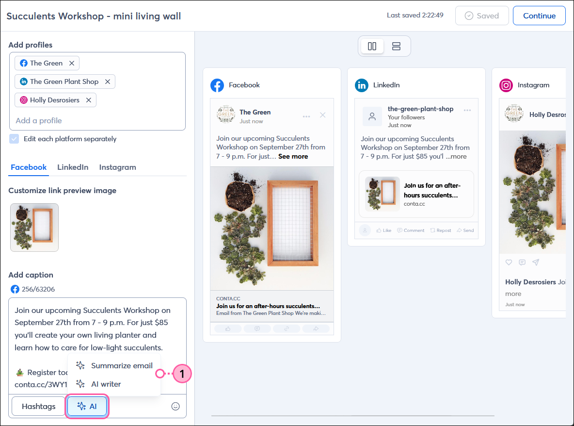 Social post editor, Add caption section with AI menu expanded and Summarize email option selected