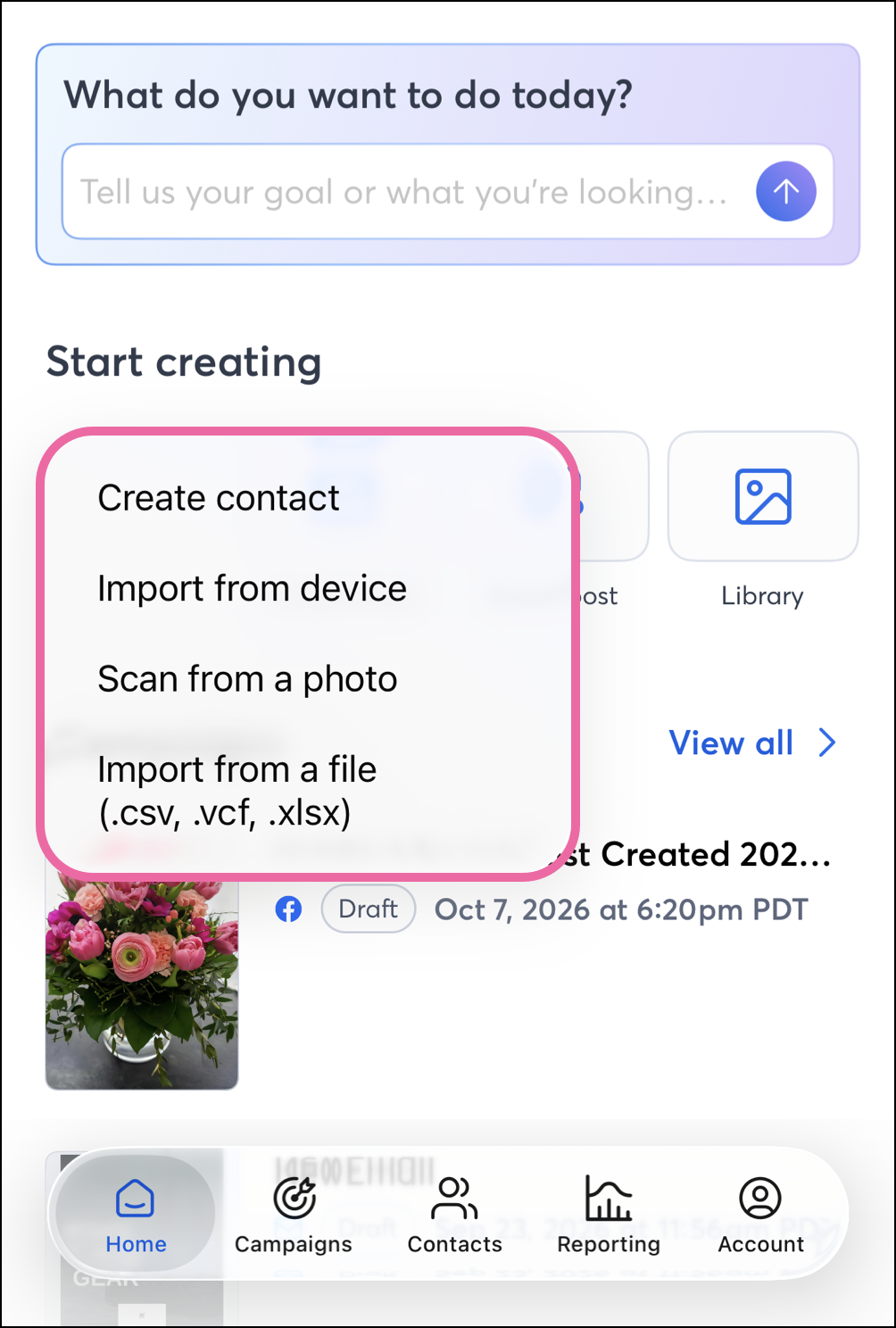 Add Contact menu with Create Contact, Import from device, Scan from a photo, and Import from a file options