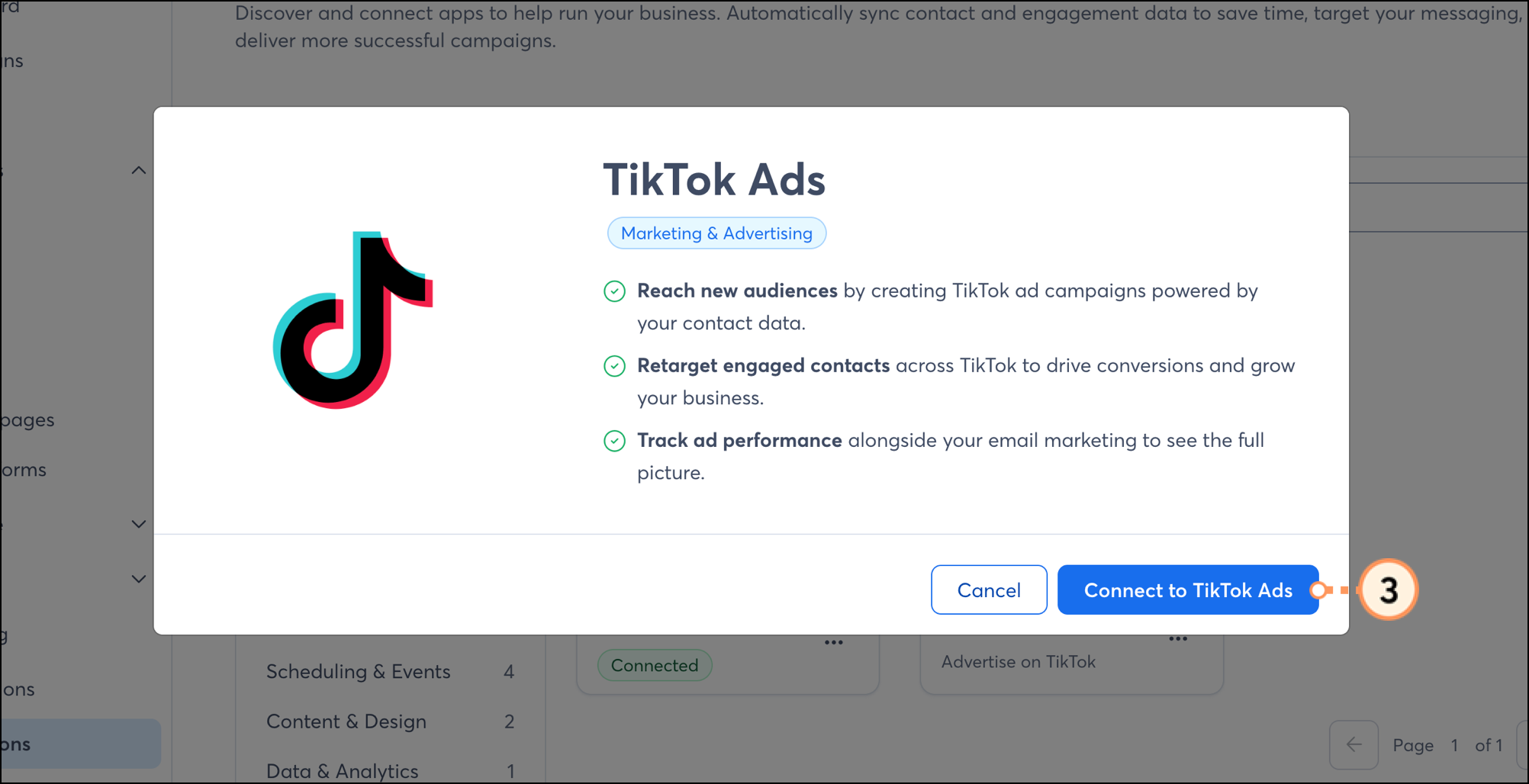 Blue connect to TikTok Ads button