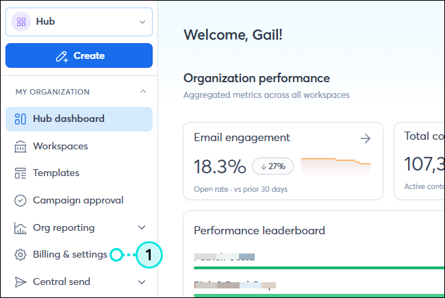 Teams account Left navigation Billing and Settings option