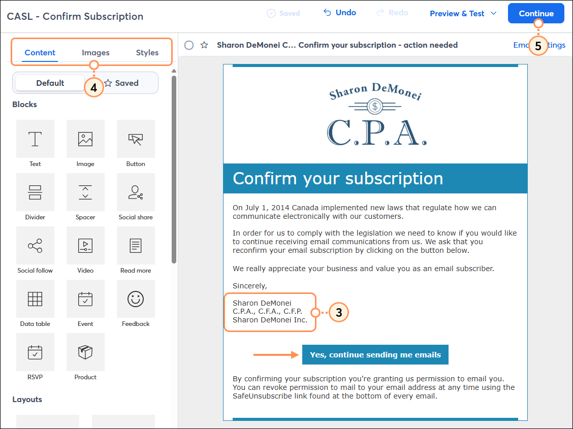 Email editor with CASL template and branded content, and Continue button