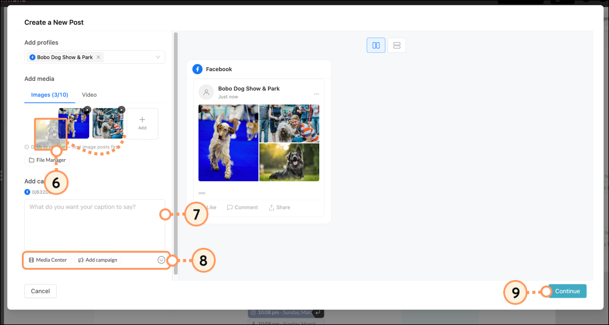 Create a New Post pop-up with Facebook post content
