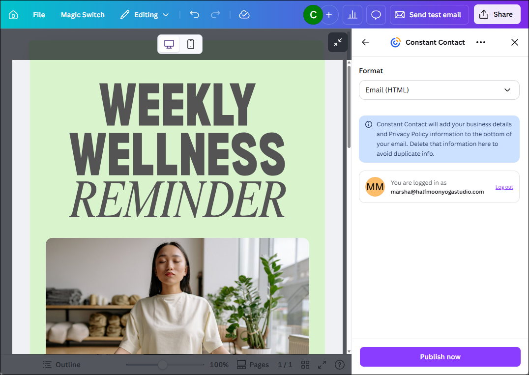 Canva editor with designed email, Share panel connected to Constant Contact, and Publish Now button