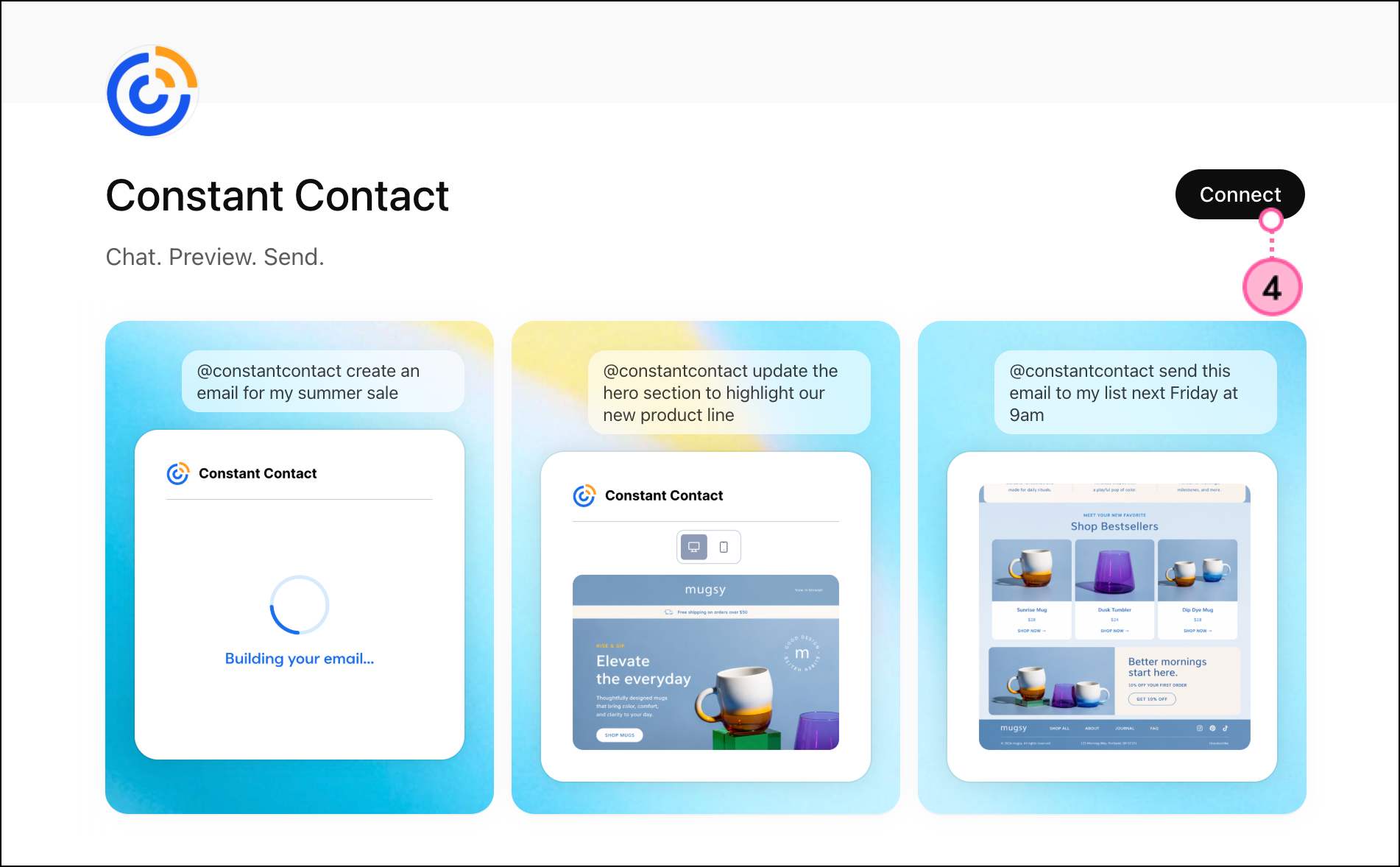 Constant Contact app overview and black Connect button