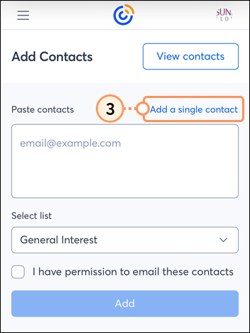 Mobile web Add contacst page, Paste contacts field and Add a single contact option