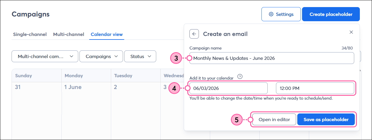 Create an Email overlay with Campaign Name, Date and Time options, and Open in Editor and Save as Placeholder buttons