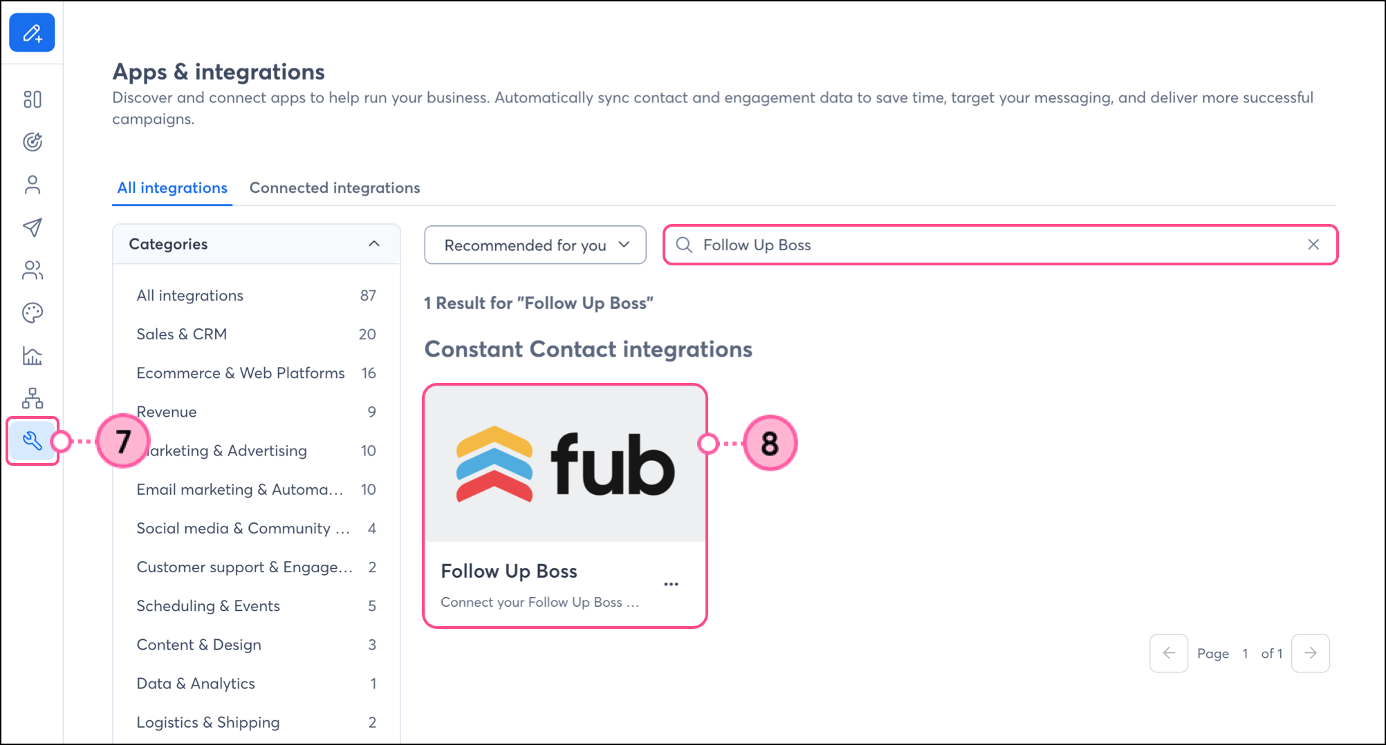 Follow Up Boss integrations card in the Constant Contact integrations page