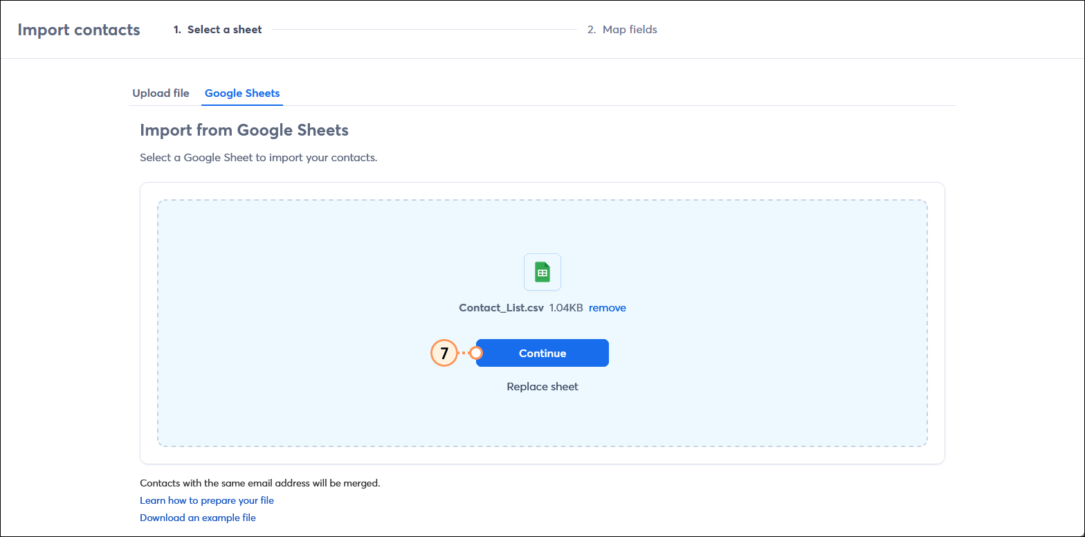Import contacts page with Google Sheets tab selected, Google Sheet selected, and Continue button