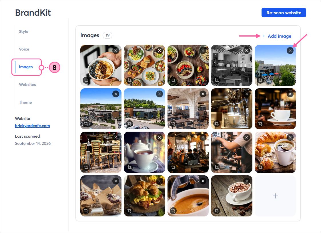 BrandKit Images tab with Add Image link and X to remove an image