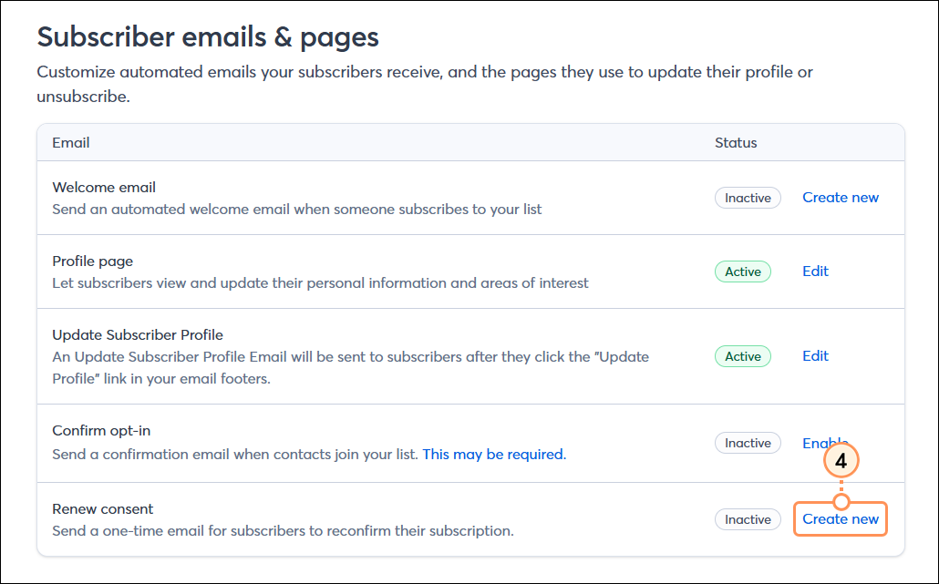 Renew Consent section and Create new button