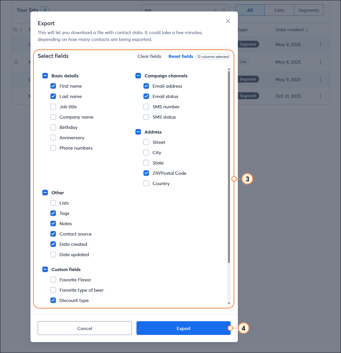 Export overlay with field options, and Export button