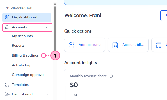 Partner account Left navigation menu Accounts dropdown Billing and settings option