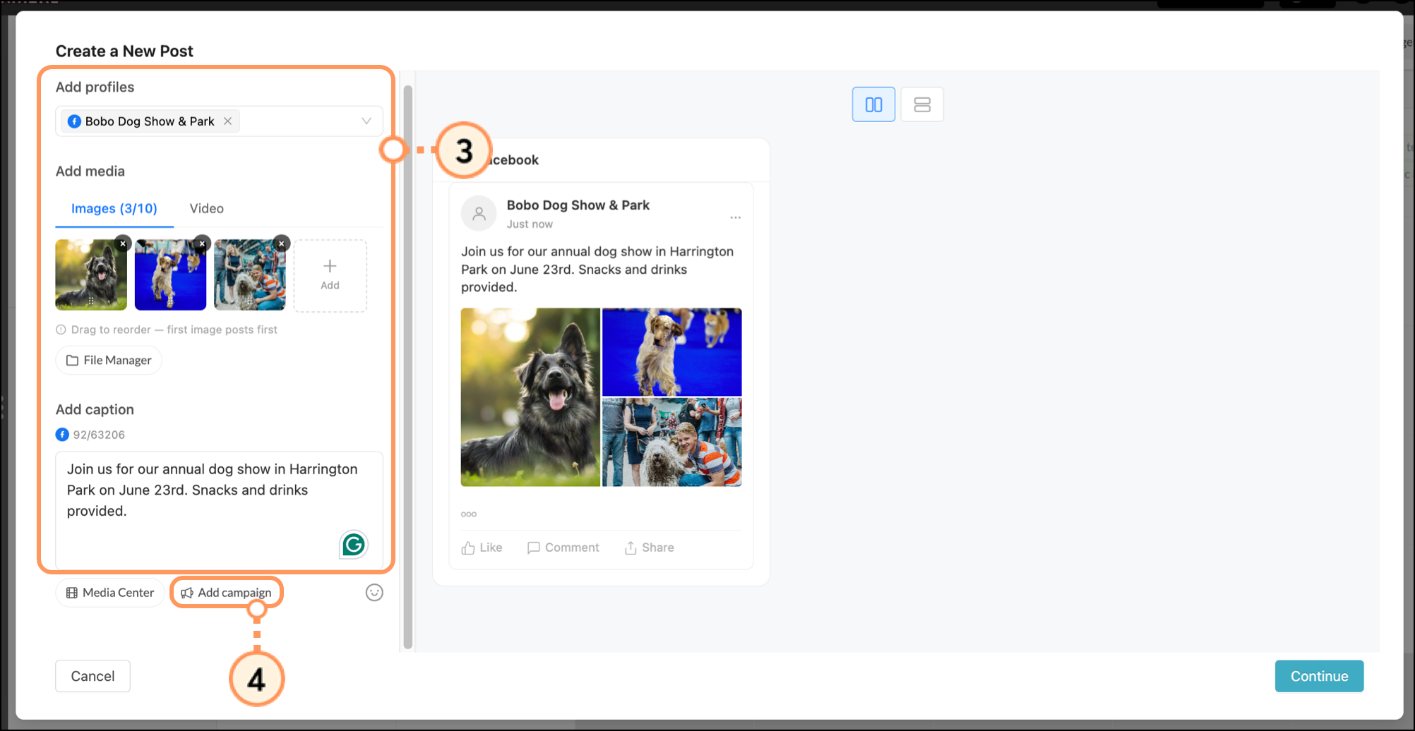 Add campaign button in the social post pop-up