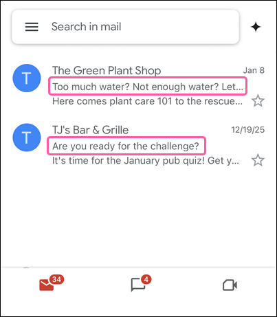 Email inbox on mobile with example subject lines